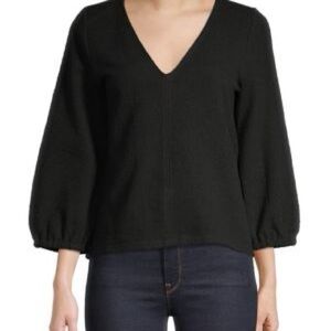 Madewell Black V-Neck Balloon Sleeve Cotton Top
